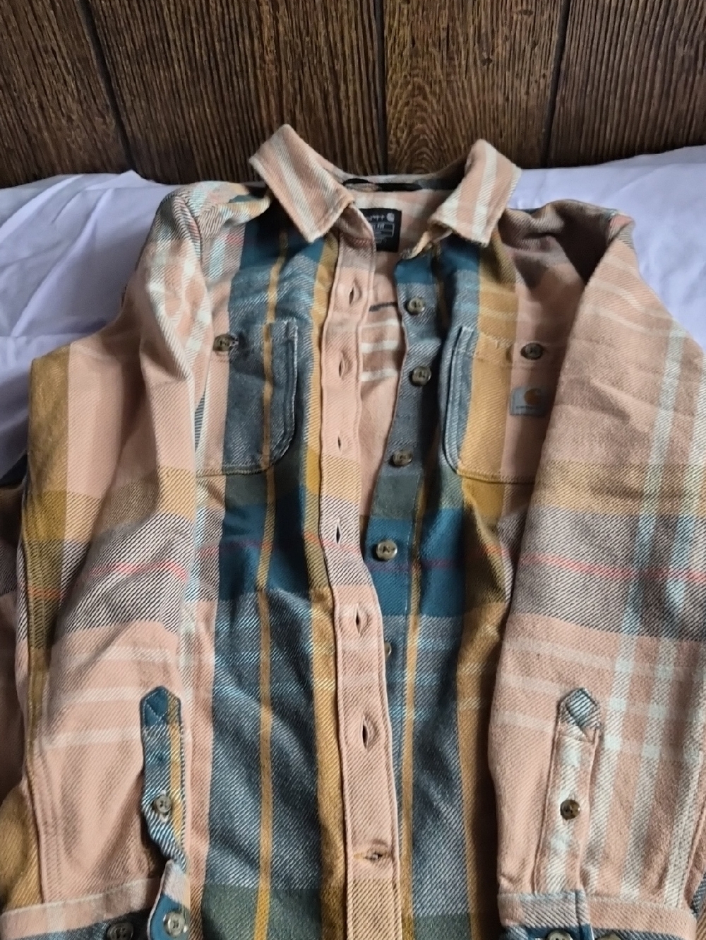 Carhartt Plaid Flannel Heavy Shirt Jacket in Peach, Teal & Mustard